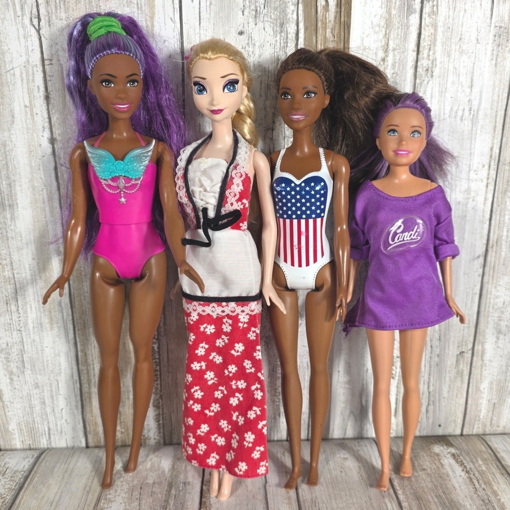 Mixed Fashion Doll Lot 4pc Barbie Style Patriotic Folk Dress Purple Hair Disney